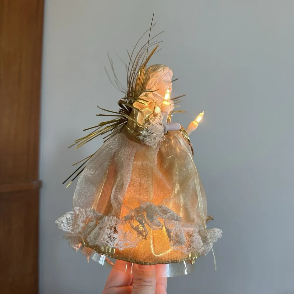 Vtg 90's Porcelain Lighted Angel Christmas Tree Topper Gold Dress Tinsel Halo 6